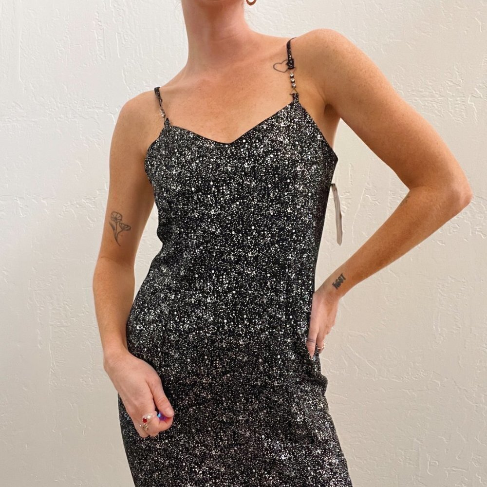 NWT Vintage 1990's Black Speckled Jewel Strap Back Slit Maxi Gown